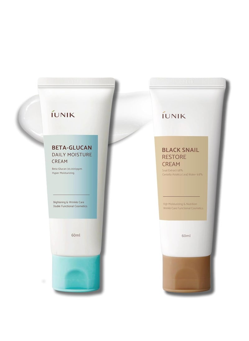 IUNIK Beta Glucan Daily Moisture Cream & Black Snail Cream Skin Relief Intense Care - Enhances Skin Barrier Hydrating Nourishing Non-greasy Non-sticky Slow-aging Facial Moisturizer Korean Skincare