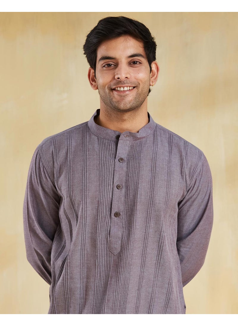 Grey Cotton Pintucks Long Kurta