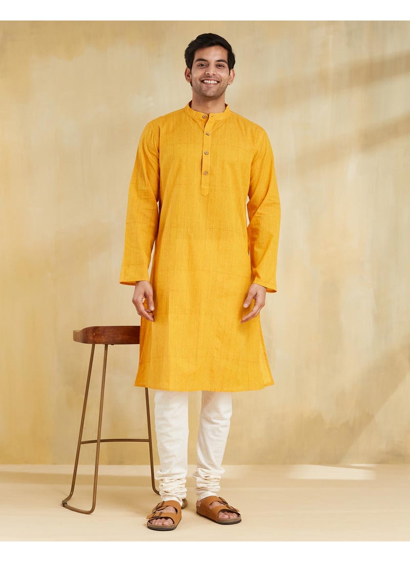 Yellow Cotton Hand Block Printed Long Kurta