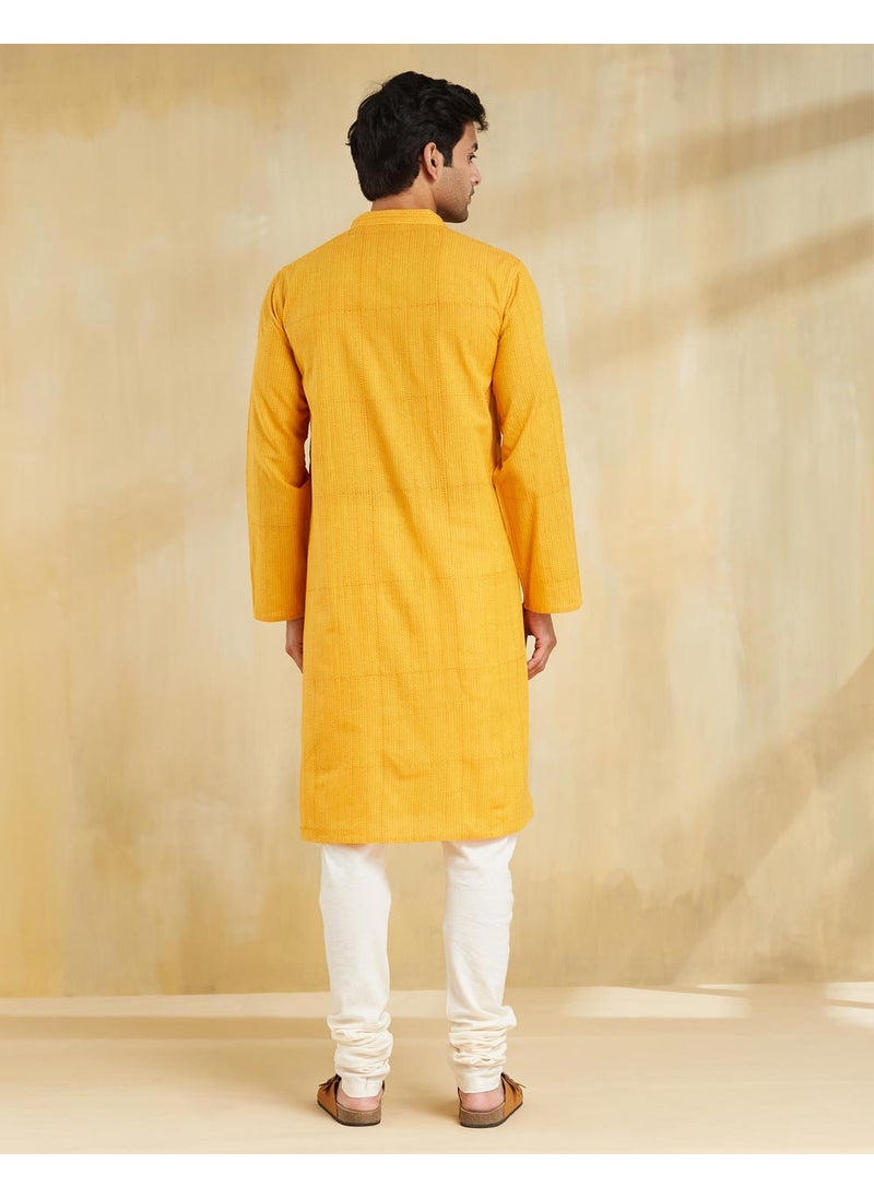 Yellow Cotton Hand Block Printed Long Kurta