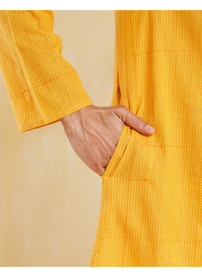 Yellow Cotton Hand Block Printed Long Kurta