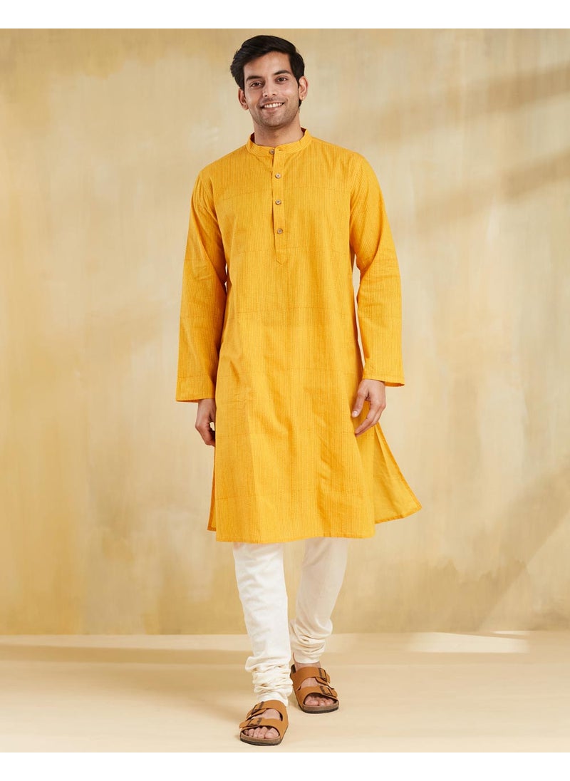 Yellow Cotton Hand Block Printed Long Kurta