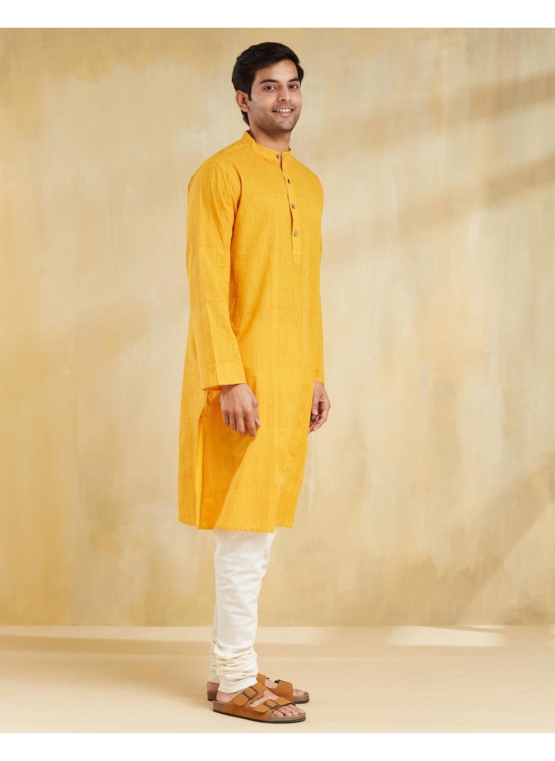 Yellow Cotton Hand Block Printed Long Kurta