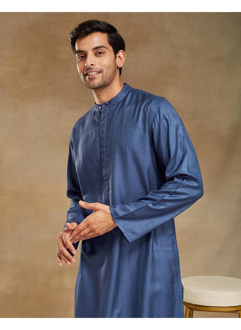 Blue Viscose Silk Woven Long Kurta