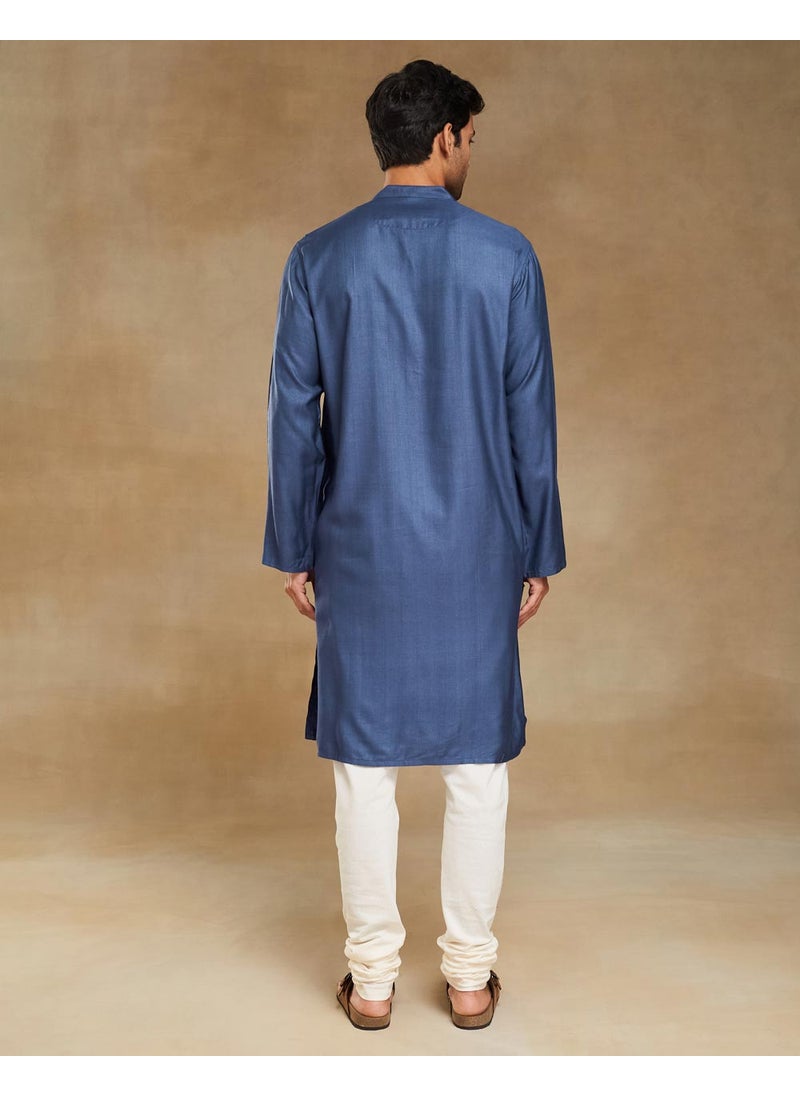 Blue Viscose Silk Woven Long Kurta