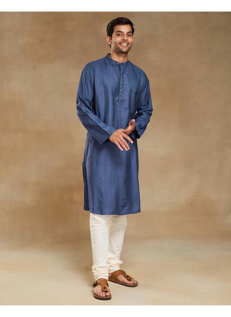 Blue Viscose Silk Woven Long Kurta