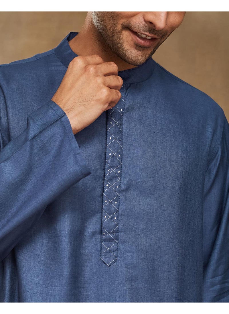 Blue Viscose Silk Woven Long Kurta