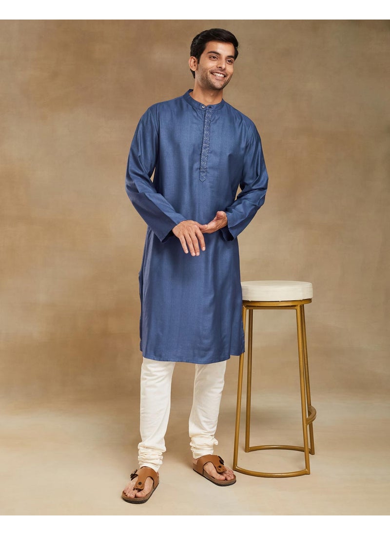 Blue Viscose Silk Woven Long Kurta