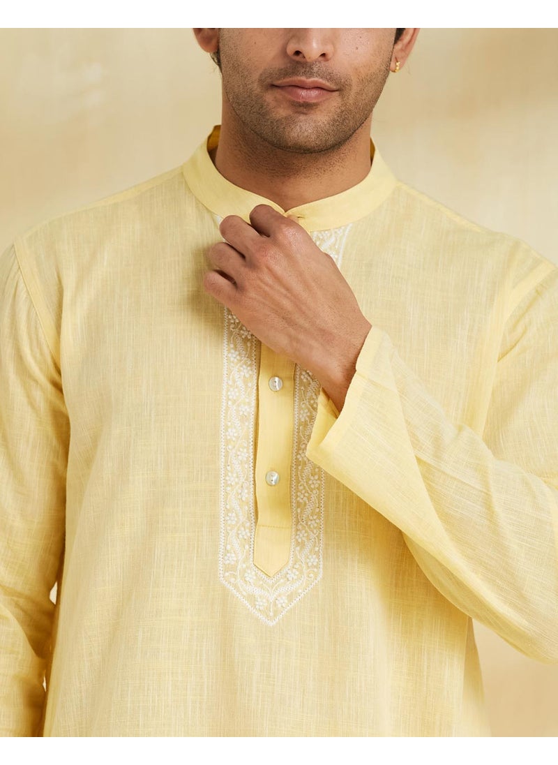 Yellow Cotton Chikankari Long Kurta