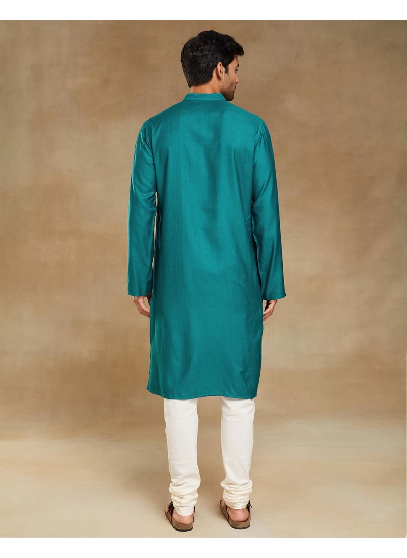 Turquoise Viscose Silk Slim Fit Long Kurta