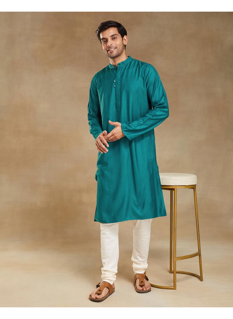 Turquoise Viscose Silk Slim Fit Long Kurta