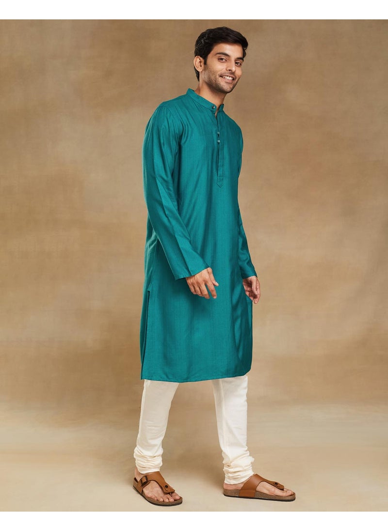 Turquoise Viscose Silk Slim Fit Long Kurta