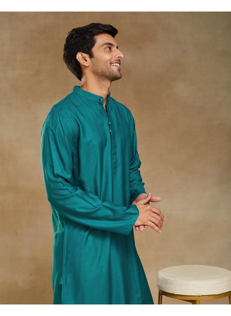 Turquoise Viscose Silk Slim Fit Long Kurta