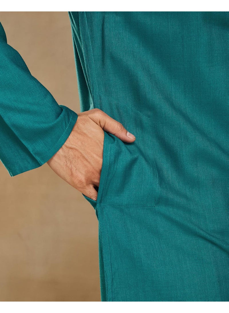 Turquoise Viscose Silk Slim Fit Long Kurta
