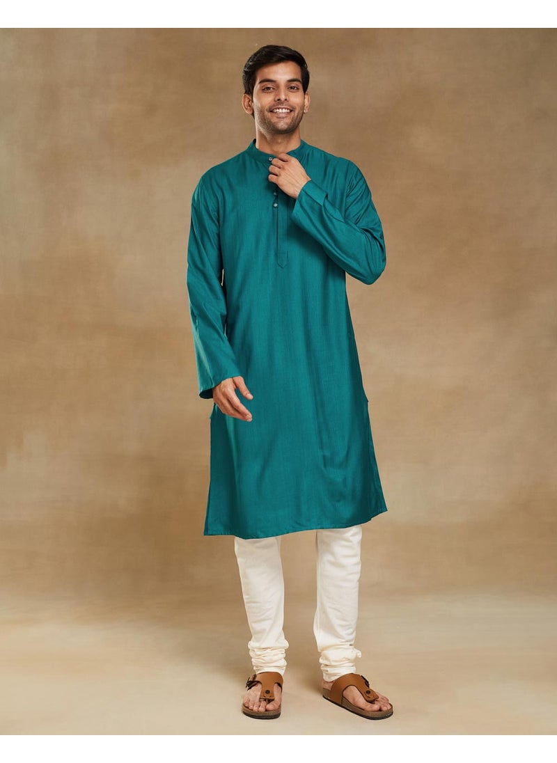 Turquoise Viscose Silk Slim Fit Long Kurta