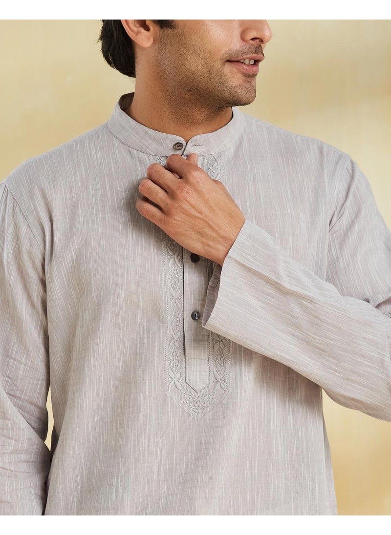 Grey Cotton Chikankari Long Kurta