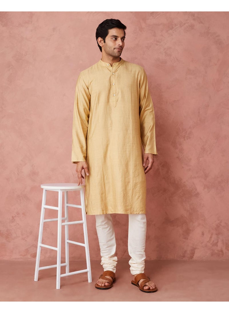 Beige Viscose Blend Checks Long Kurta