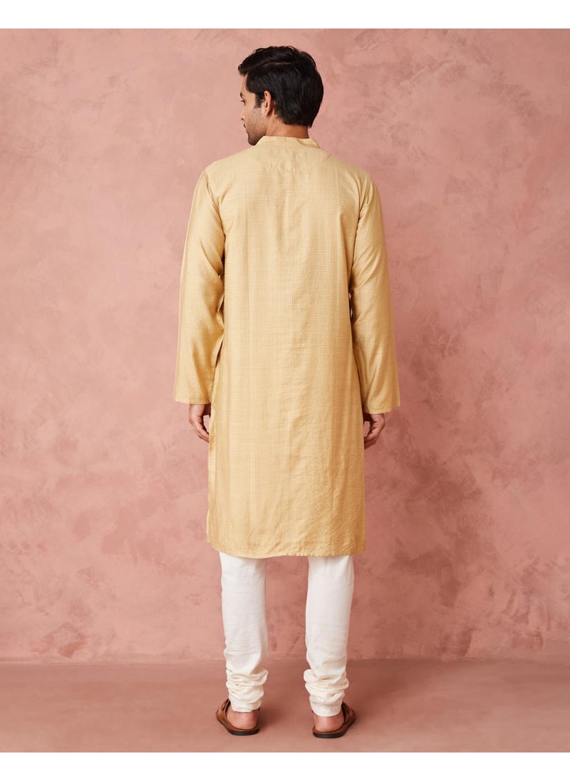 Beige Viscose Blend Checks Long Kurta