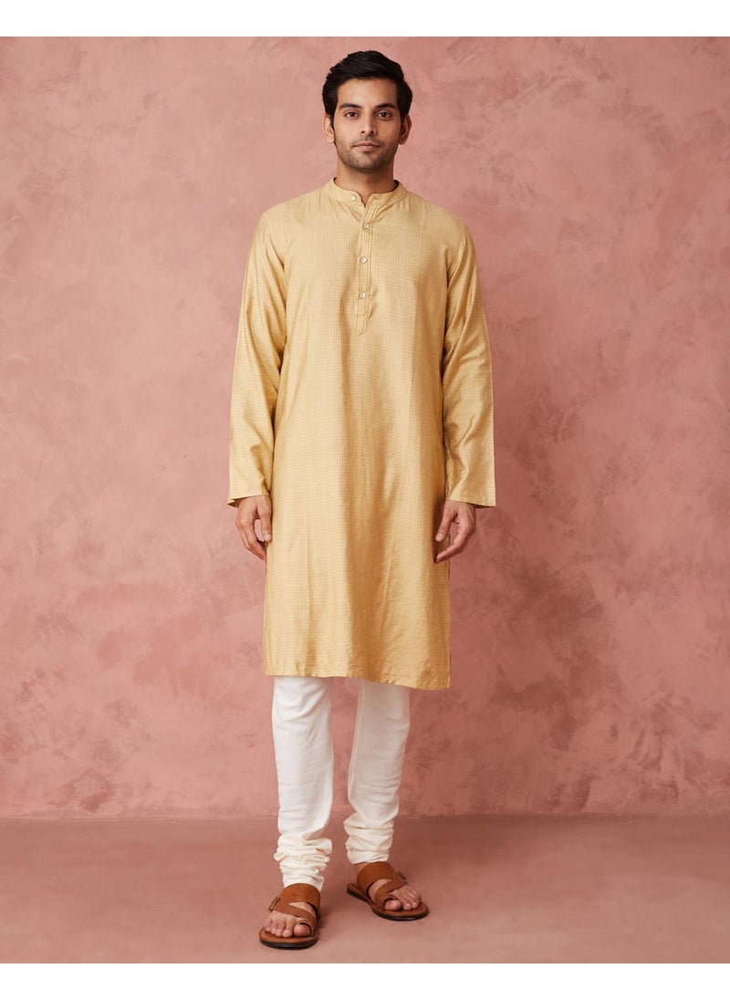 Beige Viscose Blend Checks Long Kurta
