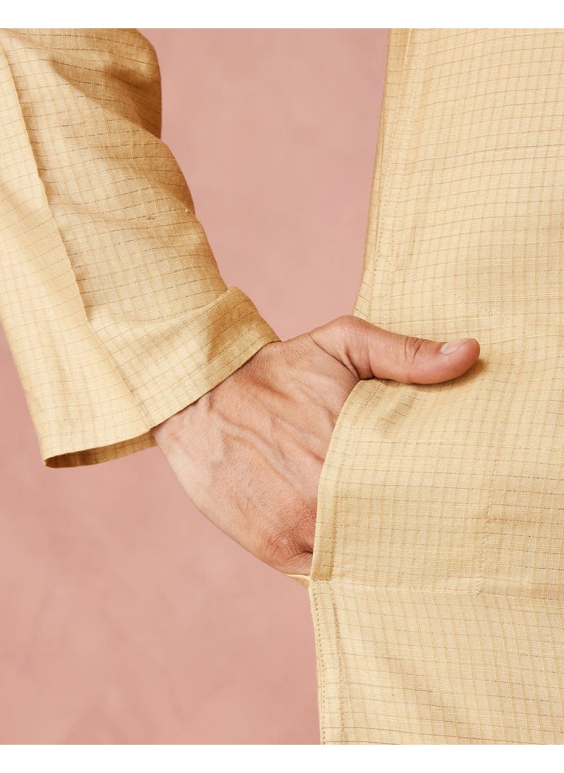 Beige Viscose Blend Checks Long Kurta