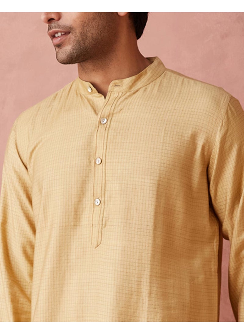 Beige Viscose Blend Checks Long Kurta