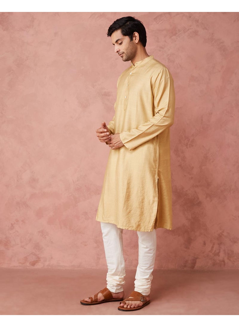 Beige Viscose Blend Checks Long Kurta