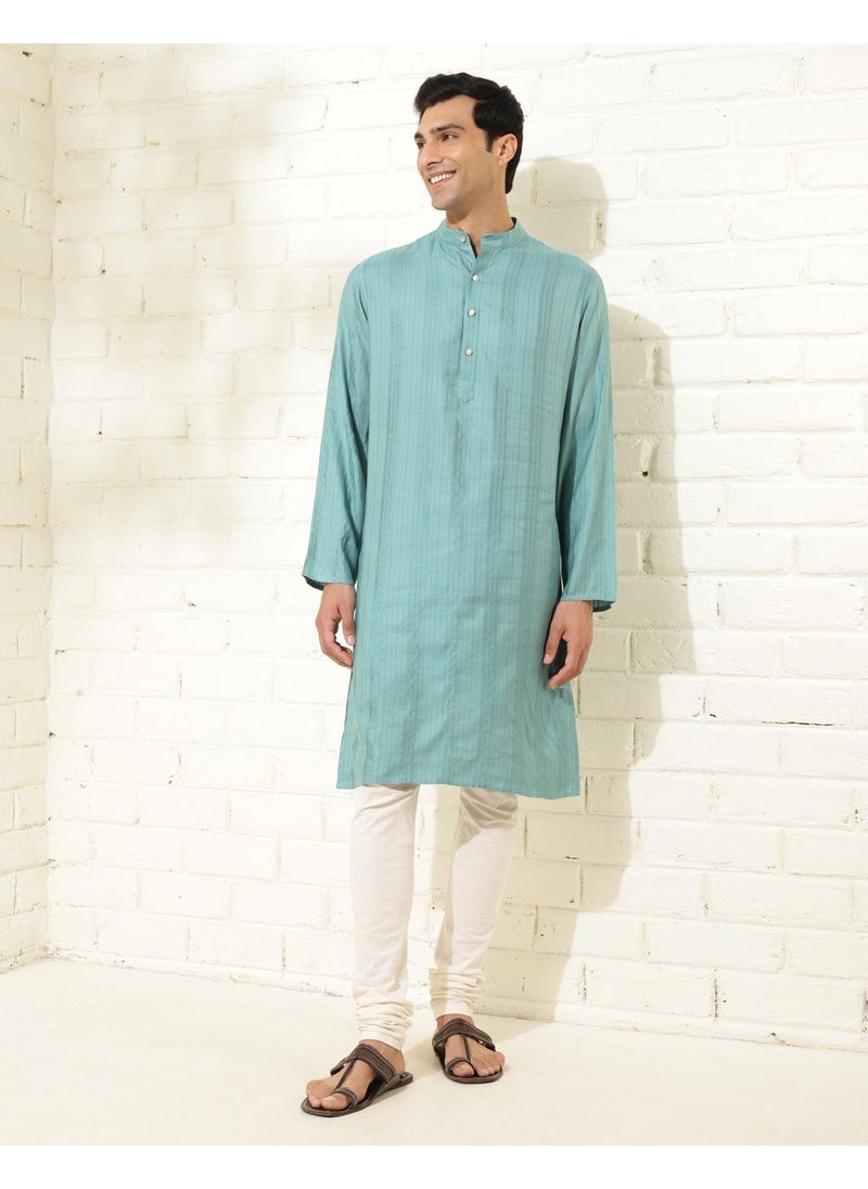 Blue Viscose Blend Dobby Slim Fit Long Kurta