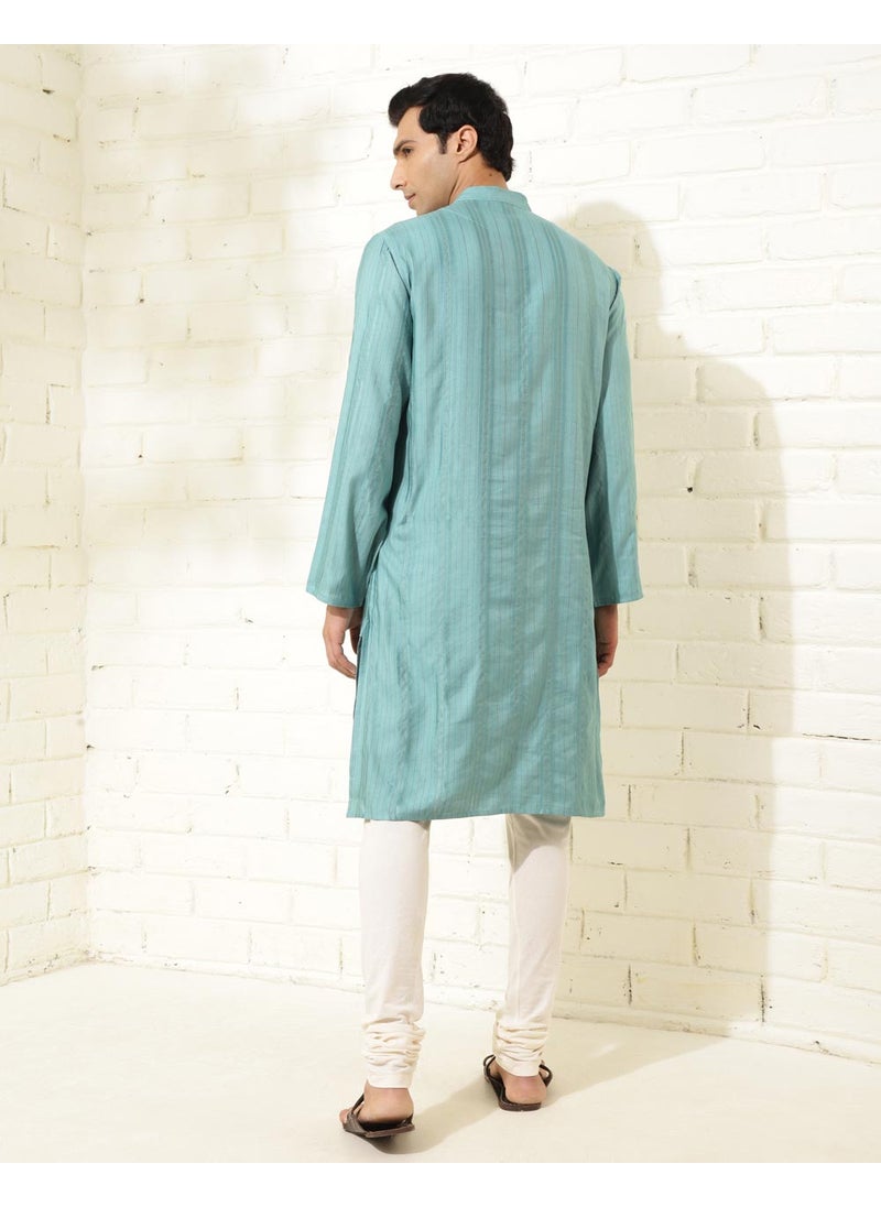 Blue Viscose Blend Dobby Slim Fit Long Kurta