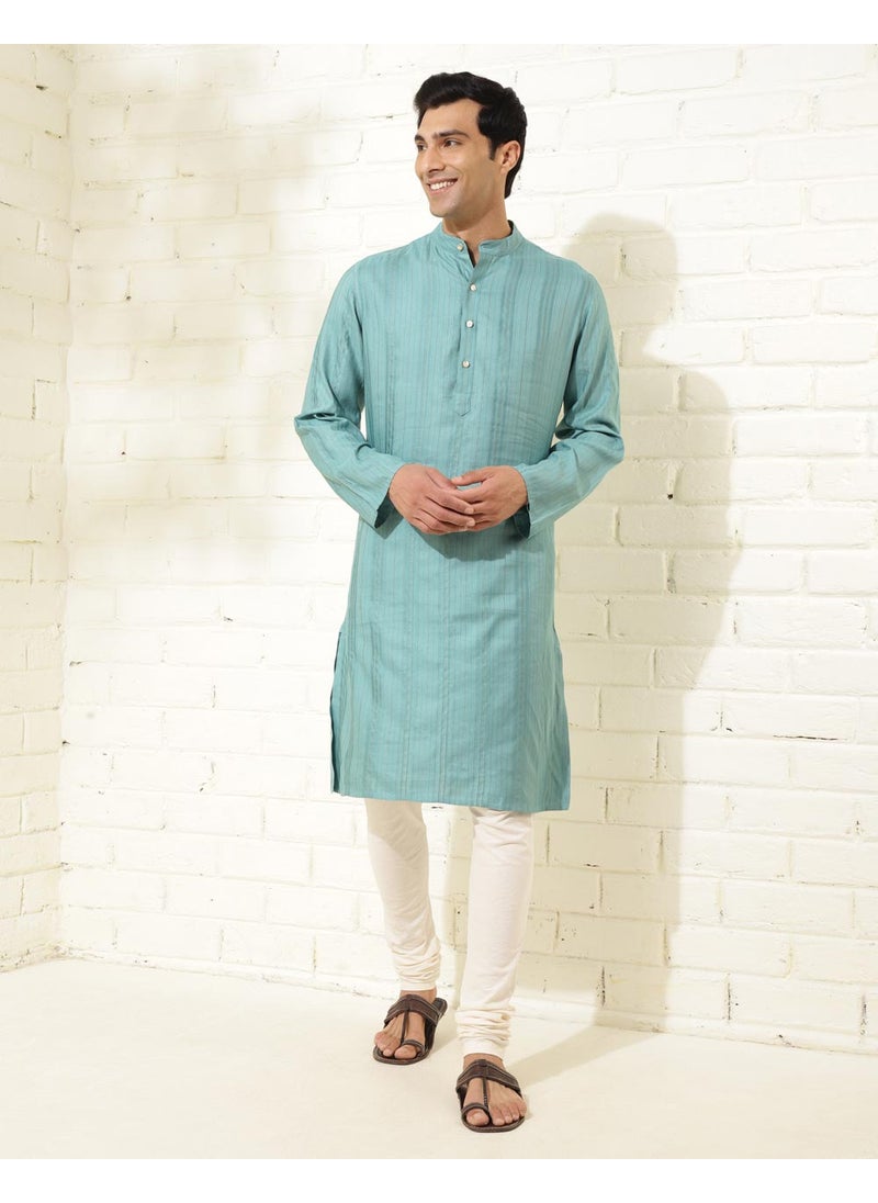 Blue Viscose Blend Dobby Slim Fit Long Kurta