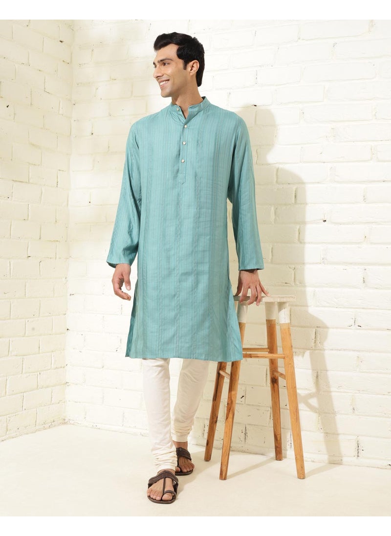 Blue Viscose Blend Dobby Slim Fit Long Kurta