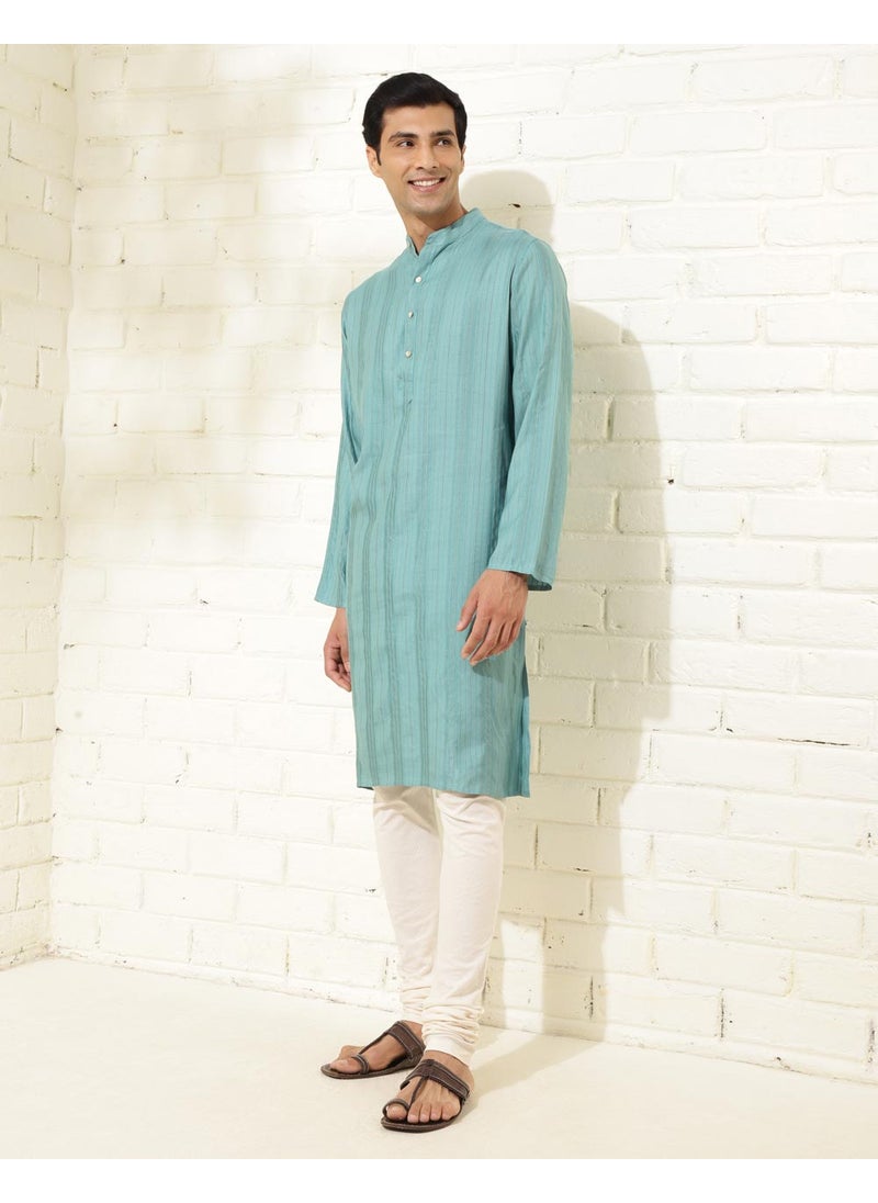 Blue Viscose Blend Dobby Slim Fit Long Kurta