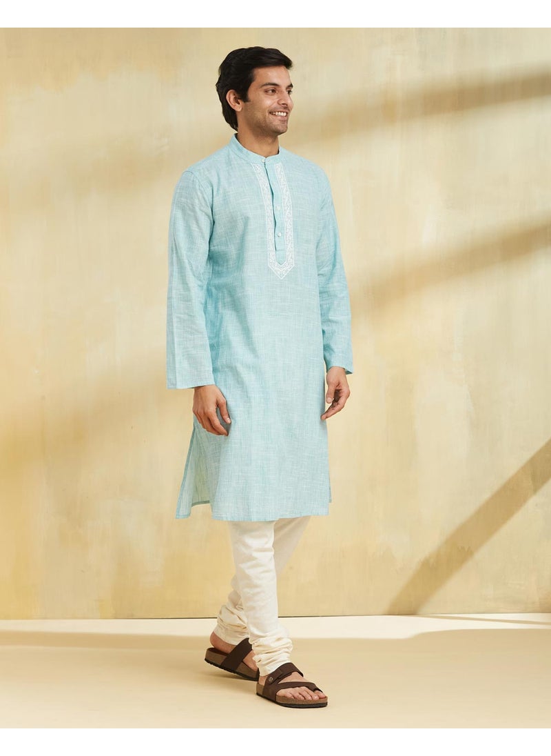 Teal Cotton Chikankari Long Kurta