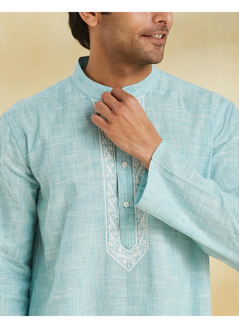 Teal Cotton Chikankari Long Kurta