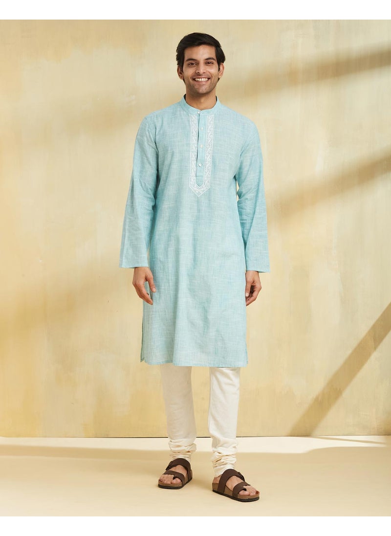 Teal Cotton Chikankari Long Kurta