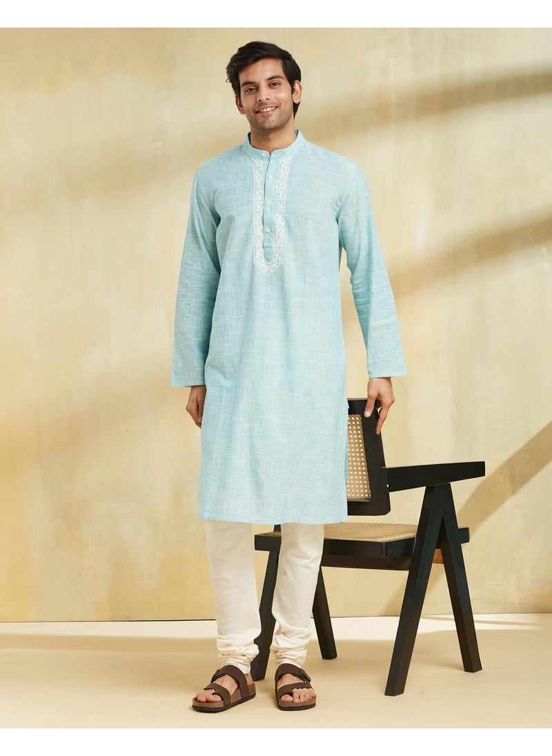Teal Cotton Chikankari Long Kurta