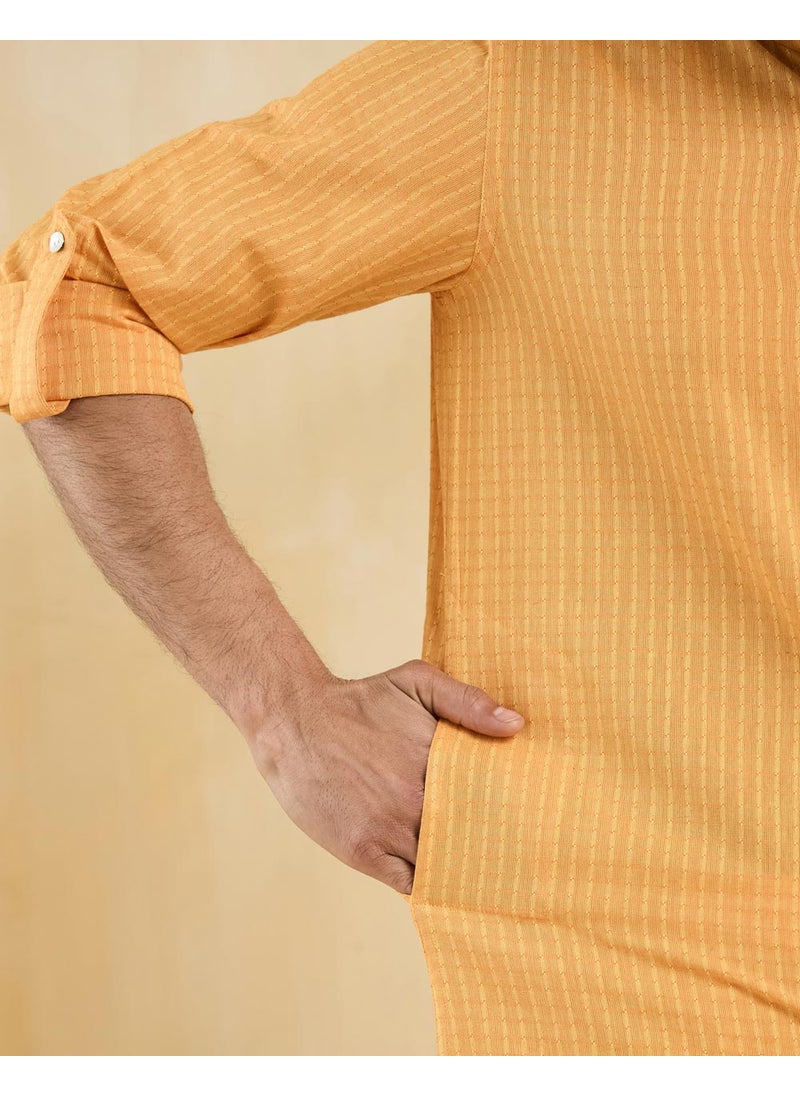 Yellow Cotton Dobby Slim Fit Long Kurta