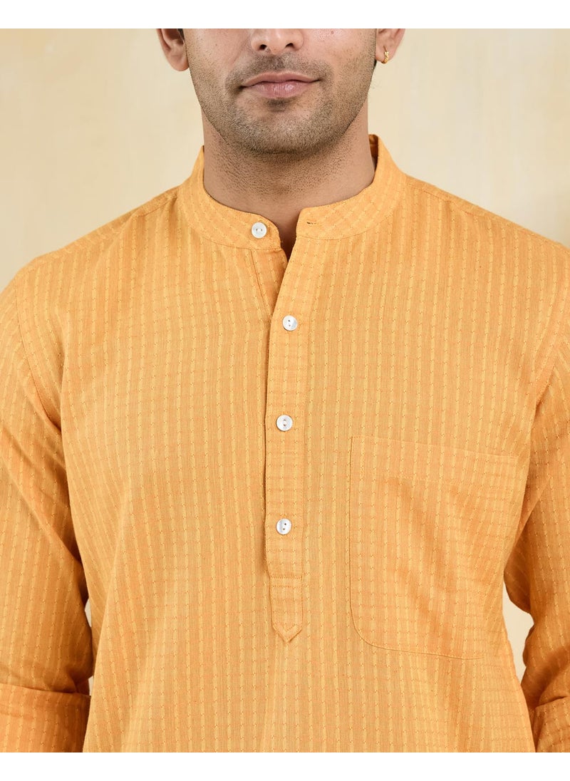 Yellow Cotton Dobby Slim Fit Long Kurta