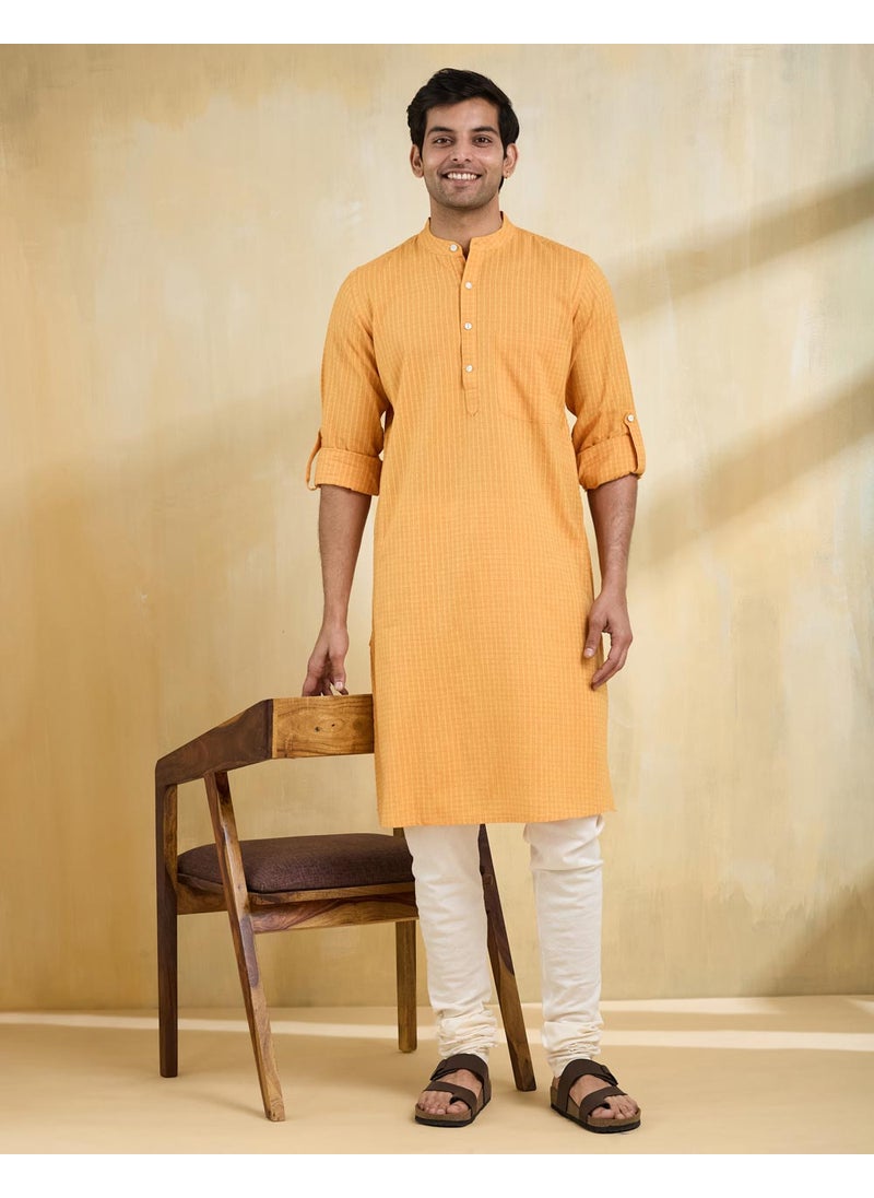 Yellow Cotton Dobby Slim Fit Long Kurta