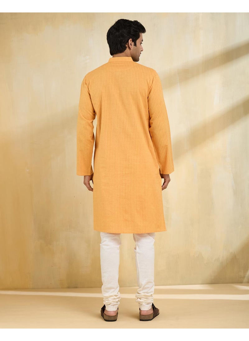 Yellow Cotton Dobby Slim Fit Long Kurta