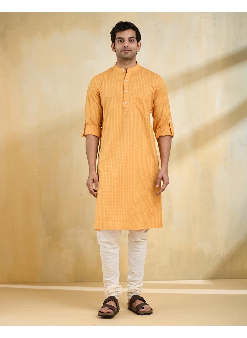 Yellow Cotton Dobby Slim Fit Long Kurta