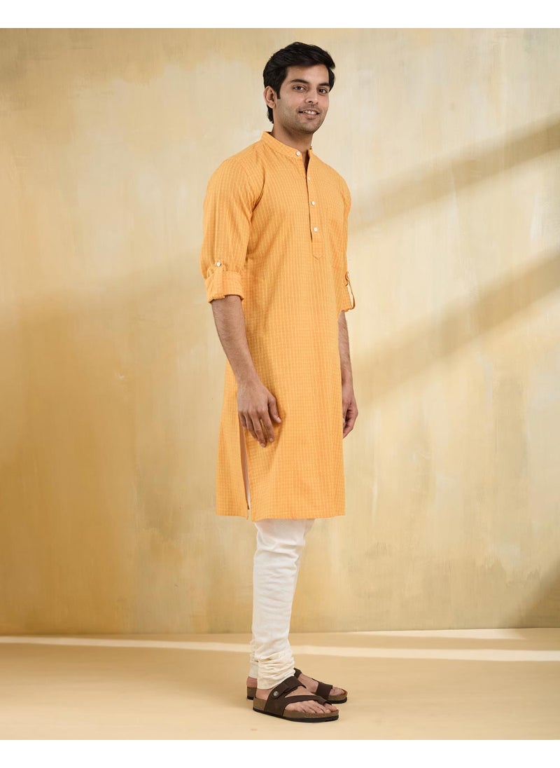 Yellow Cotton Dobby Slim Fit Long Kurta