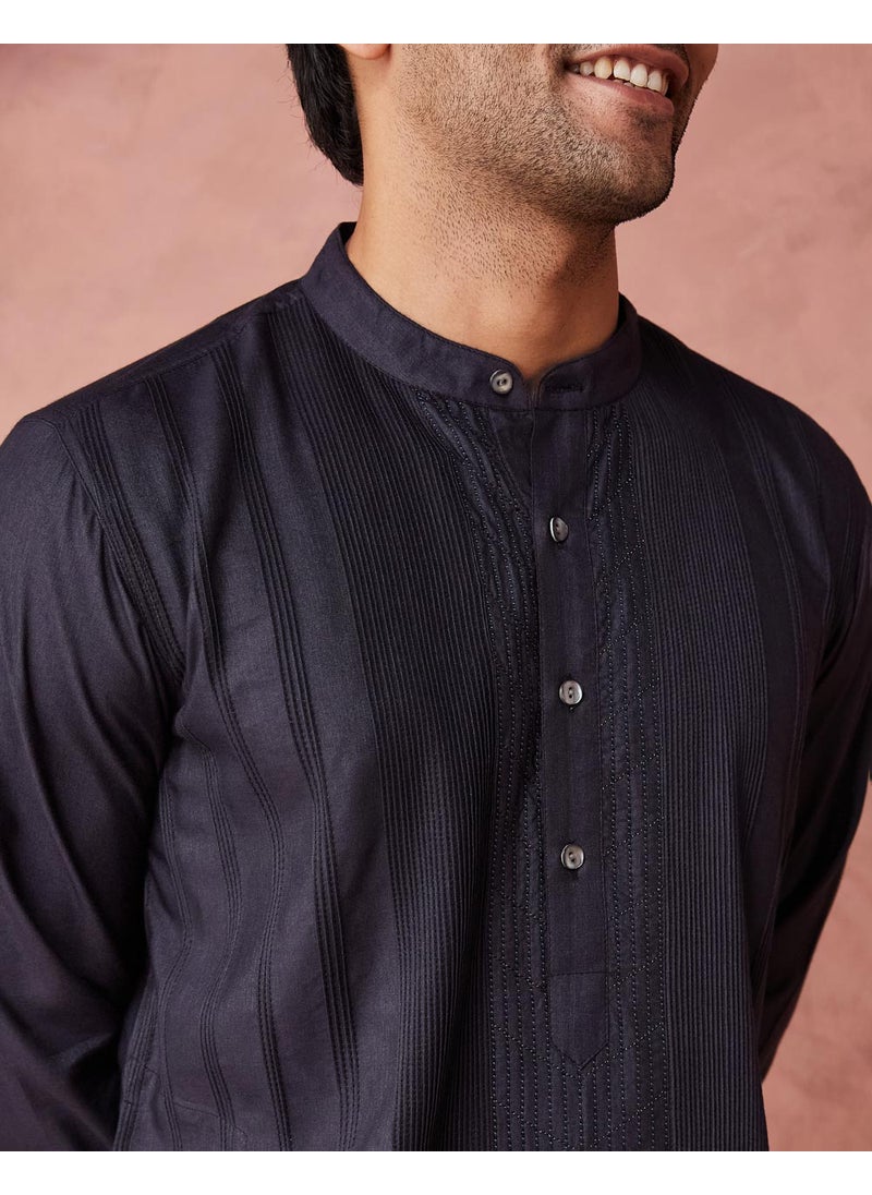 Black Viscose Silk Pintucks Slim Fit Long Kurta