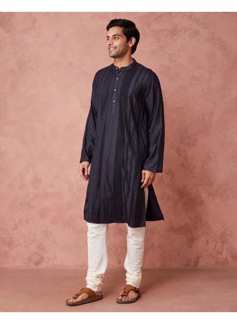 Black Viscose Silk Pintucks Slim Fit Long Kurta