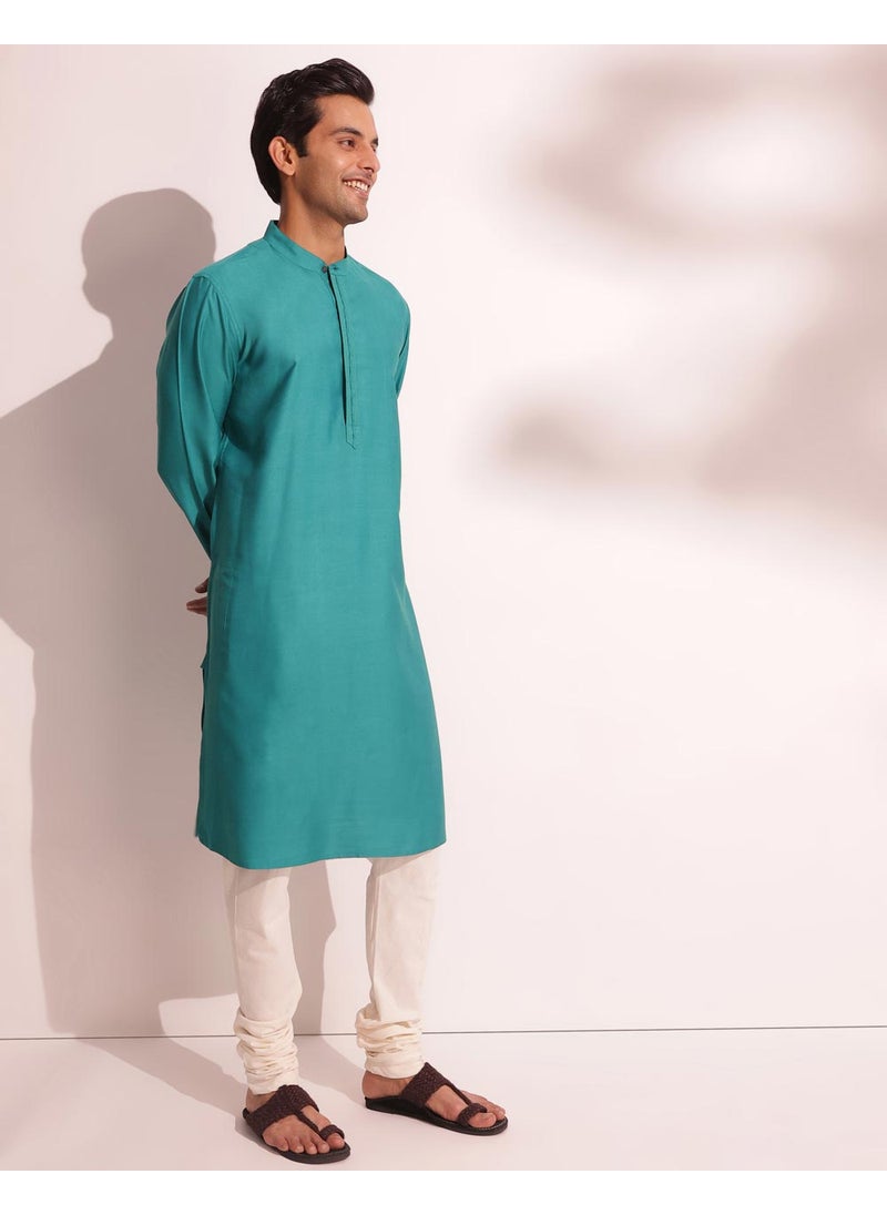 Teal Viscose Silk Comfort Fit Long Kurta