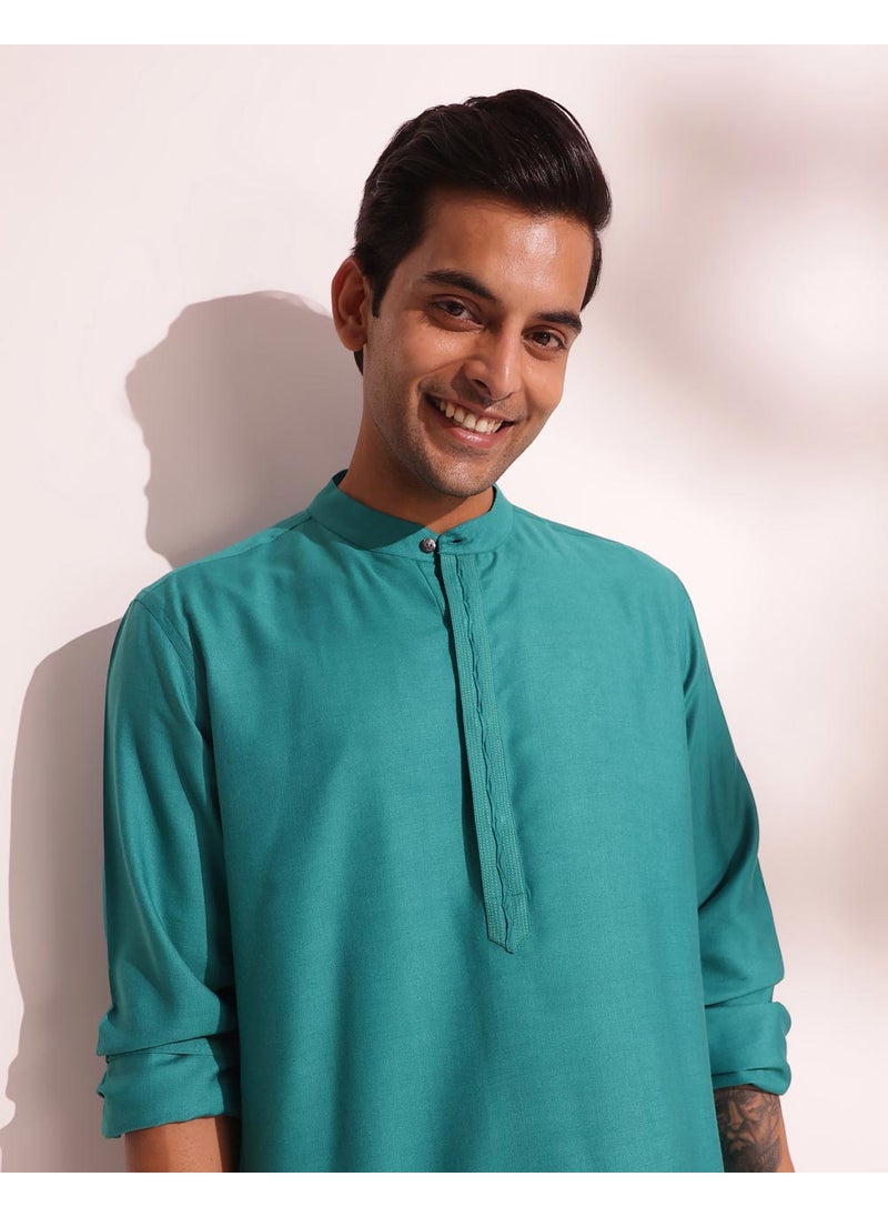 Teal Viscose Silk Comfort Fit Long Kurta