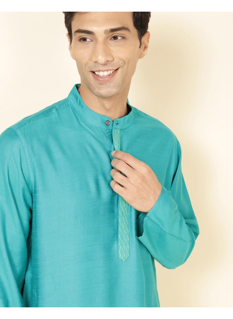 Teal Viscose Silk Comfort Fit Long Kurta