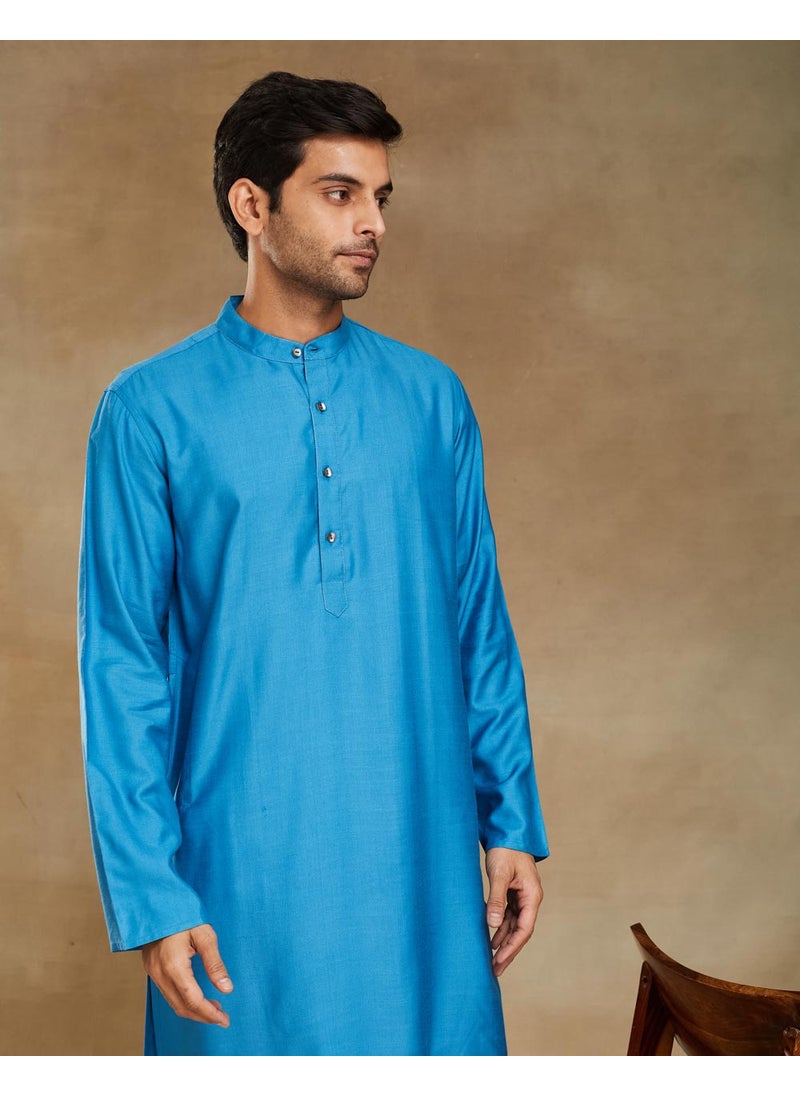 Blue Viscose Silk Slim Fit Long Kurta