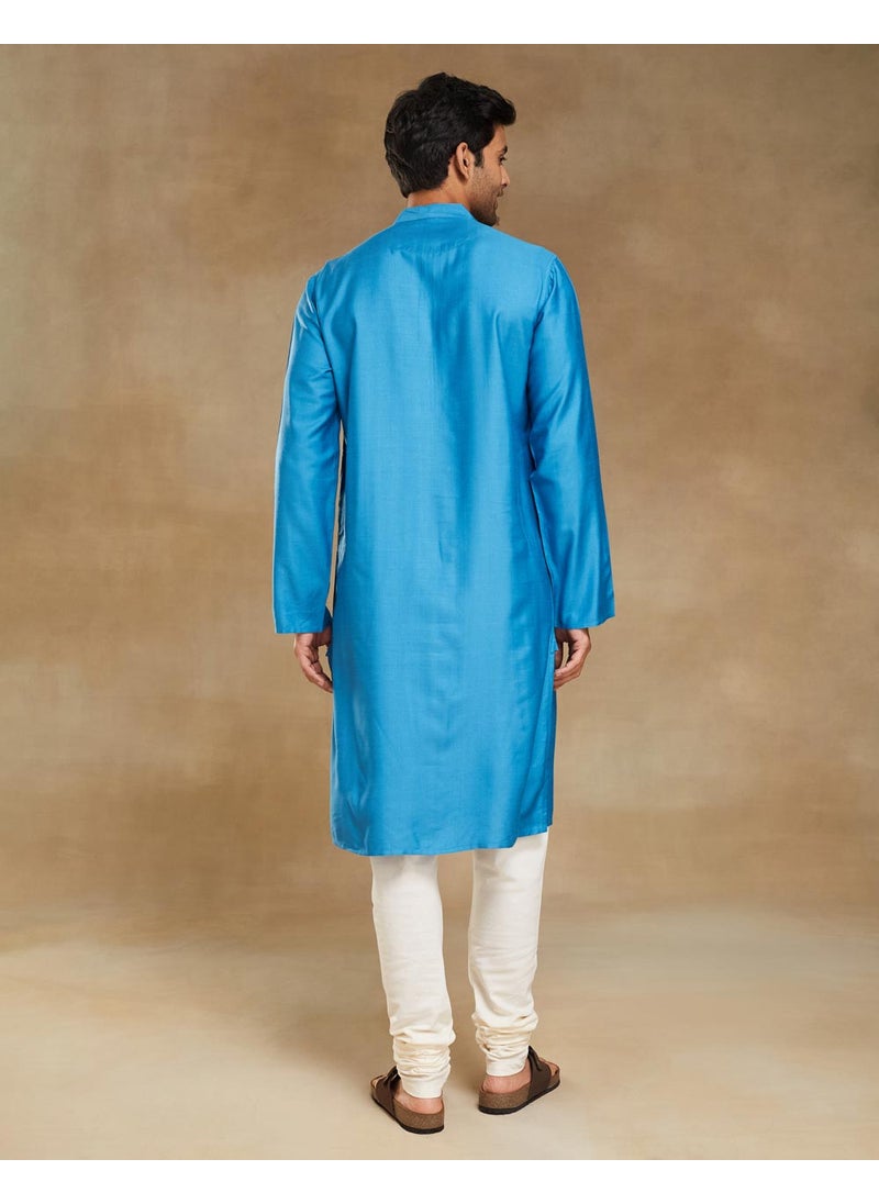 Blue Viscose Silk Slim Fit Long Kurta