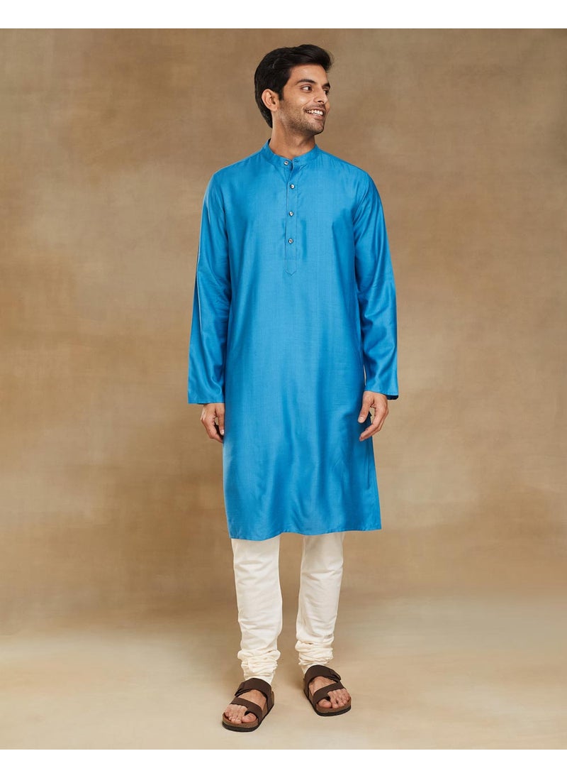 Blue Viscose Silk Slim Fit Long Kurta