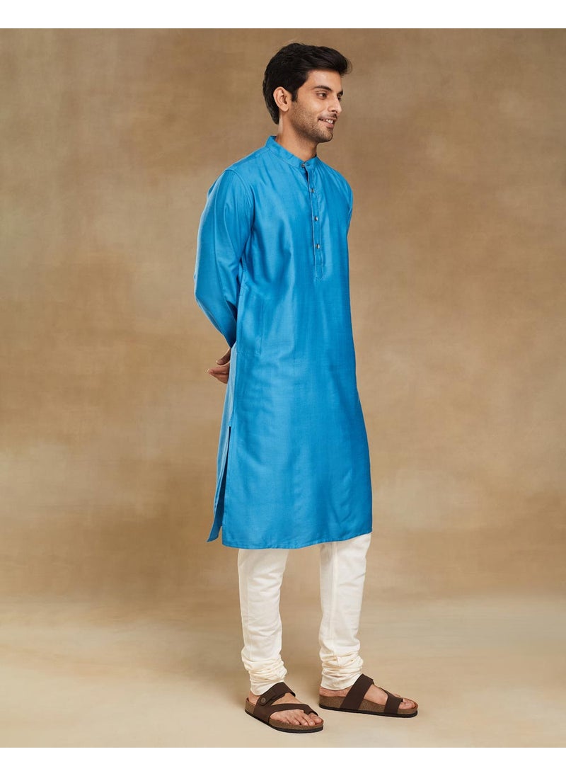 Blue Viscose Silk Slim Fit Long Kurta